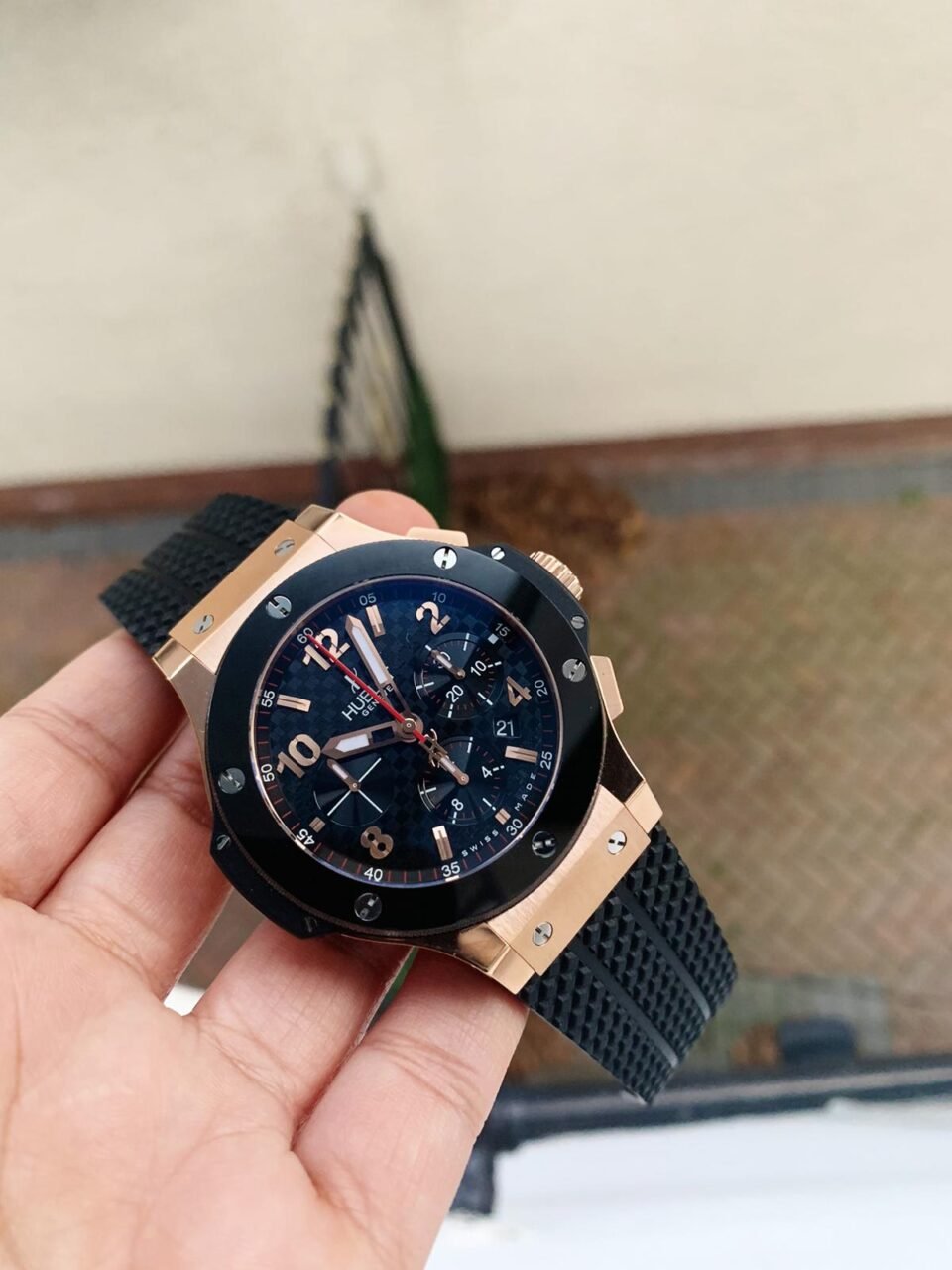 Big Bang 44mm Rose Gold Ceramic Black CF Dial on Black Gummy Strap