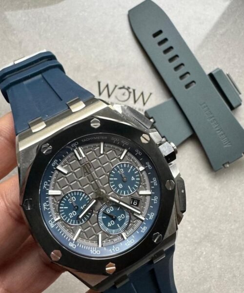 APF Royal Oak Offshore 44mm SS Black Ceramic Bezel 1:1 Best Edition Gray/Blue Dial on Gray Rubber Strap A3126