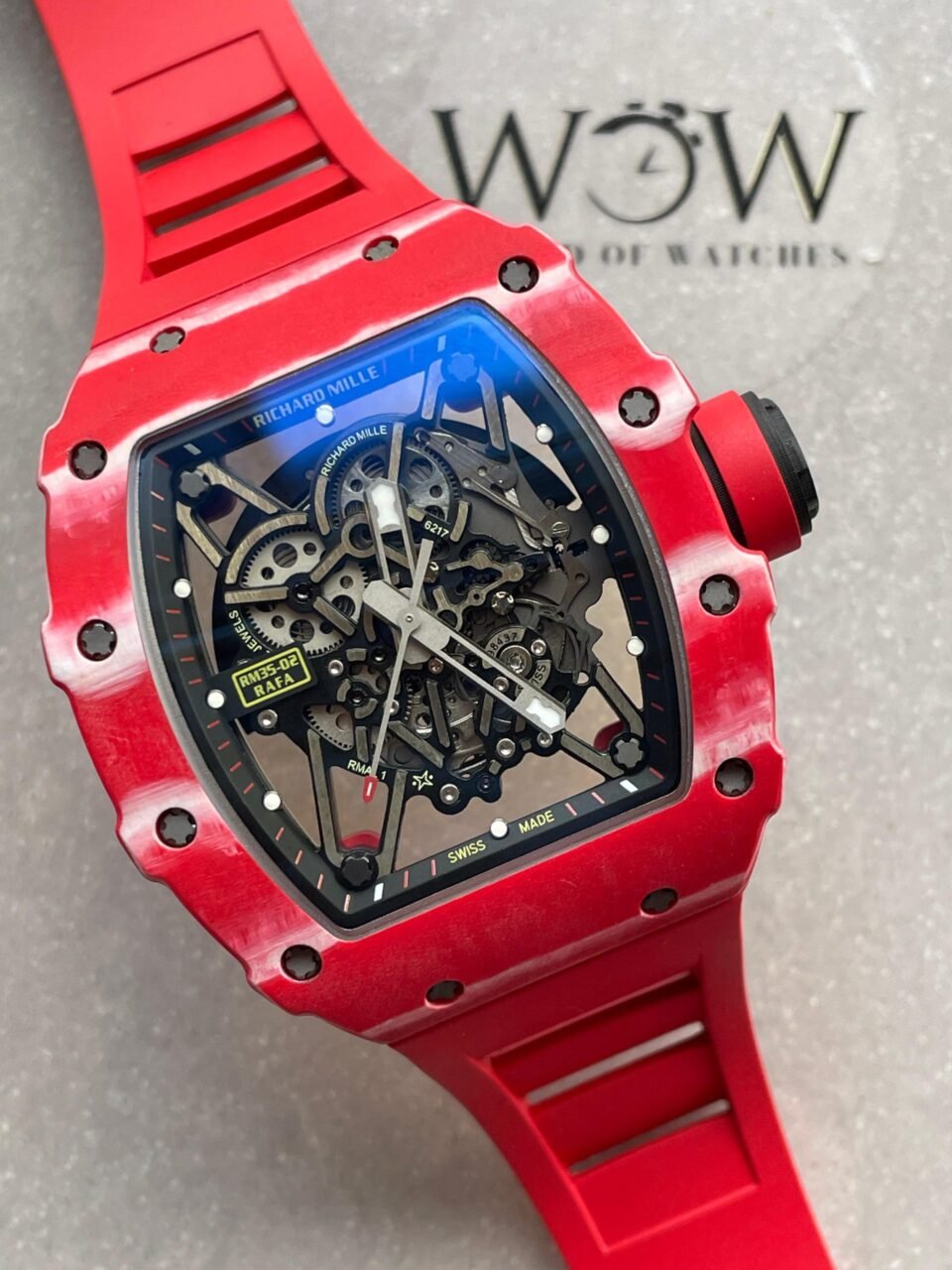 RM035-02 Red Carbon ZF 1:1 Best Edition Skeleton Dial on Red Rubber Strap NH05A V5