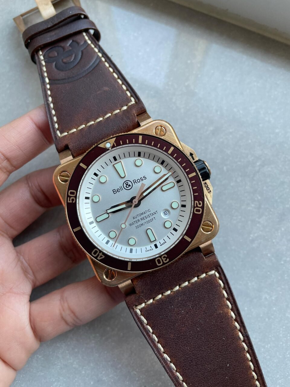 BR03-92 Diver 42mm Bronze BRF White Dial on Leather Strap A2824 - Image 3