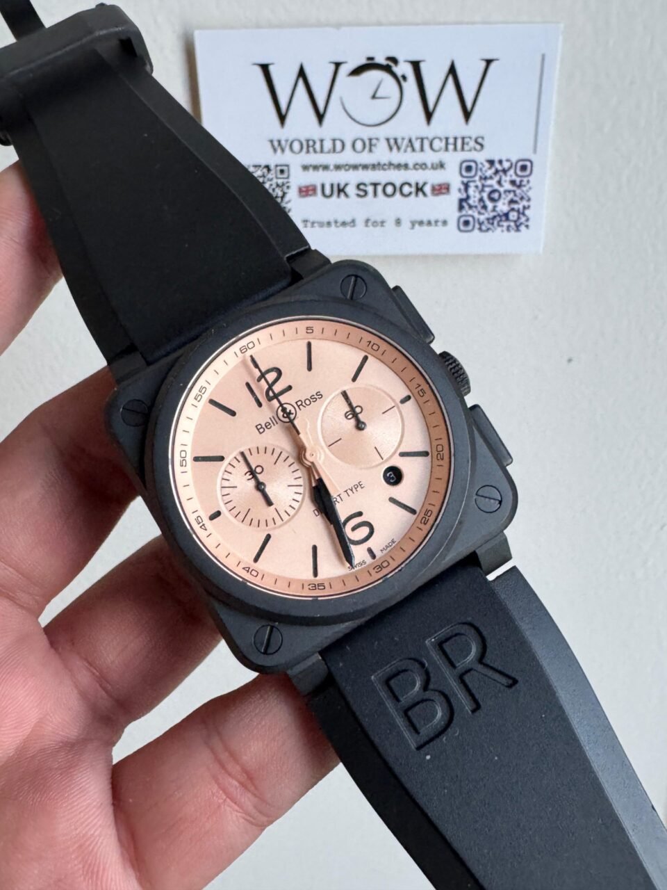 BR03-94 Chronograph 42mm Black bezel BRF Salmon Dial on Rubber strap Strap A2824 - Image 2