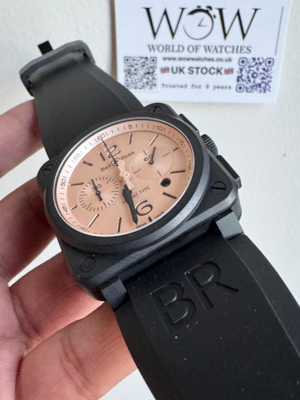 BR03-94 Chronograph 42mm Black bezel BRF Salmon Dial on Rubber strap Strap A2824 - Image 3