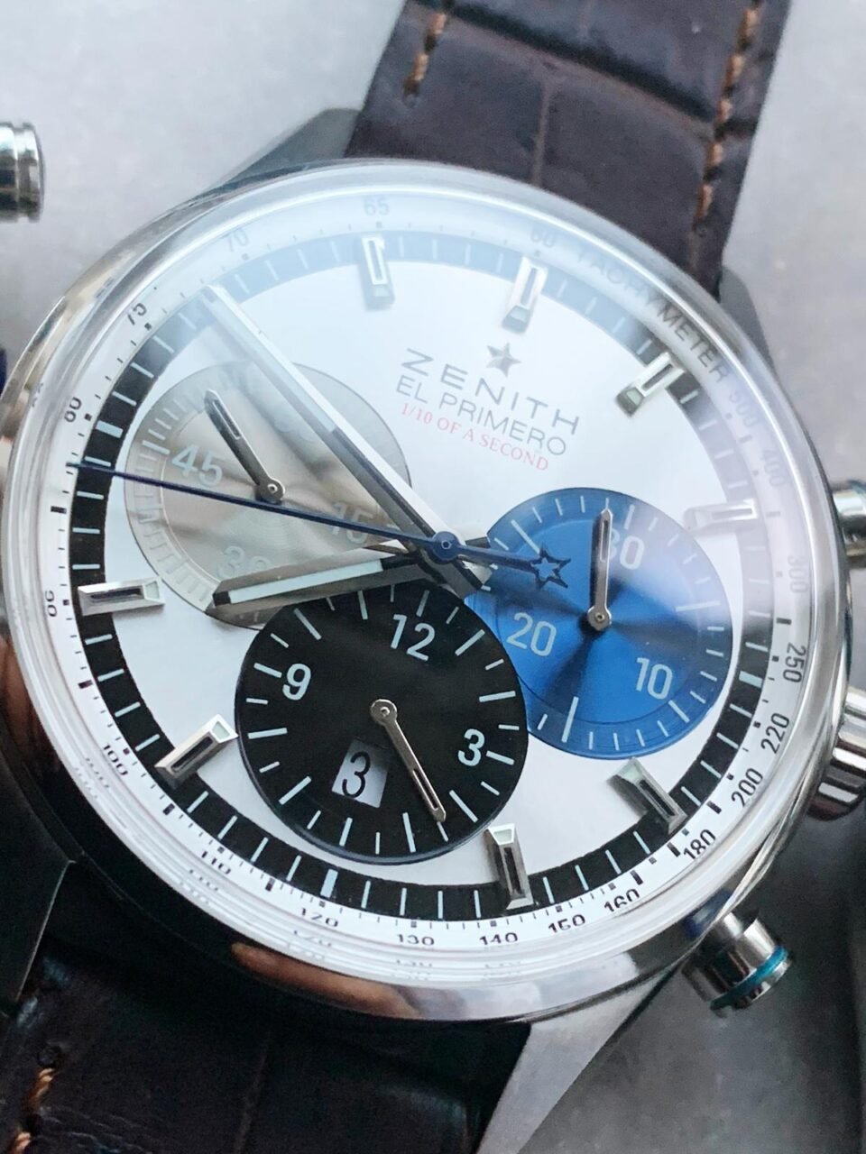 El Primero Chrono SS White Dial on Black Leather Strap A7750 - Image 3