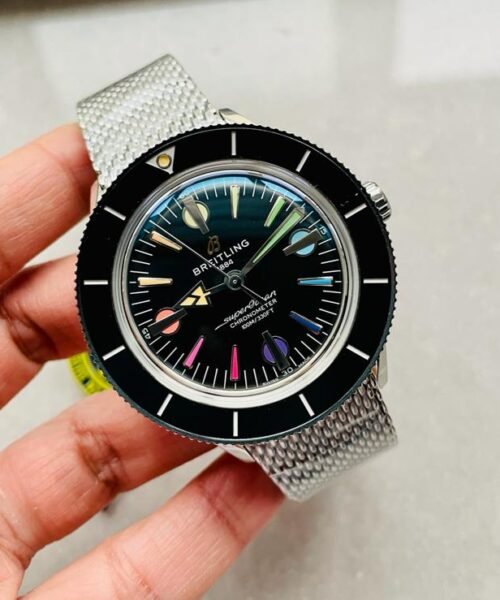 SuperOcean Heritage 57 SS/Black Ceramic Bezel GF 1:1 Black Dial Colors Markers on SS Mesh Bracelet A2824