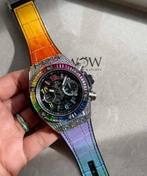 Big Bang Unico Titanium Rainbow SS/Diam Diam Bezel Black Skeletonal Dial on Rubber Strap ZF A1280